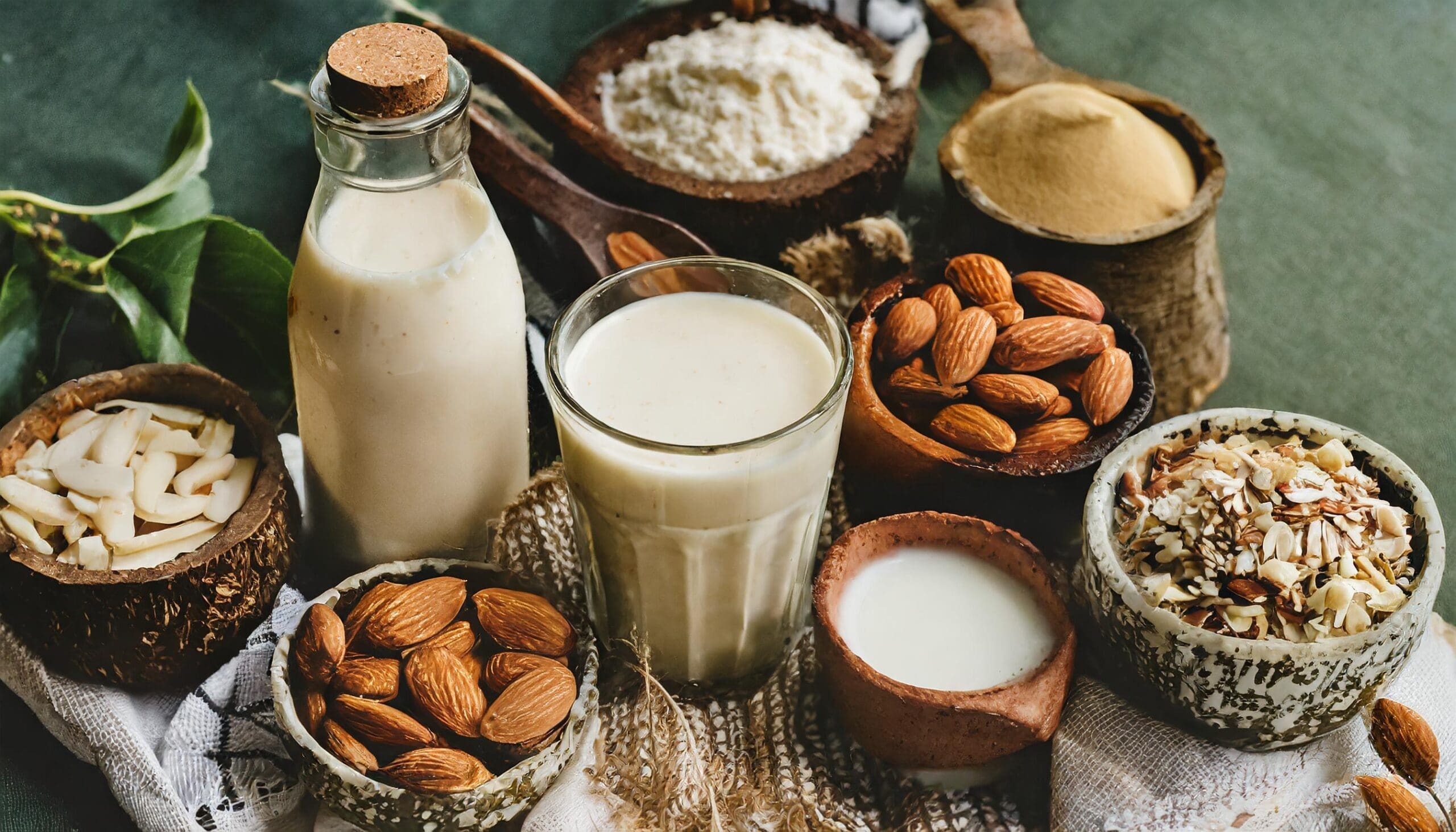 Various milk alternatives for bariatric patients, including almond, soy, and oat milk
